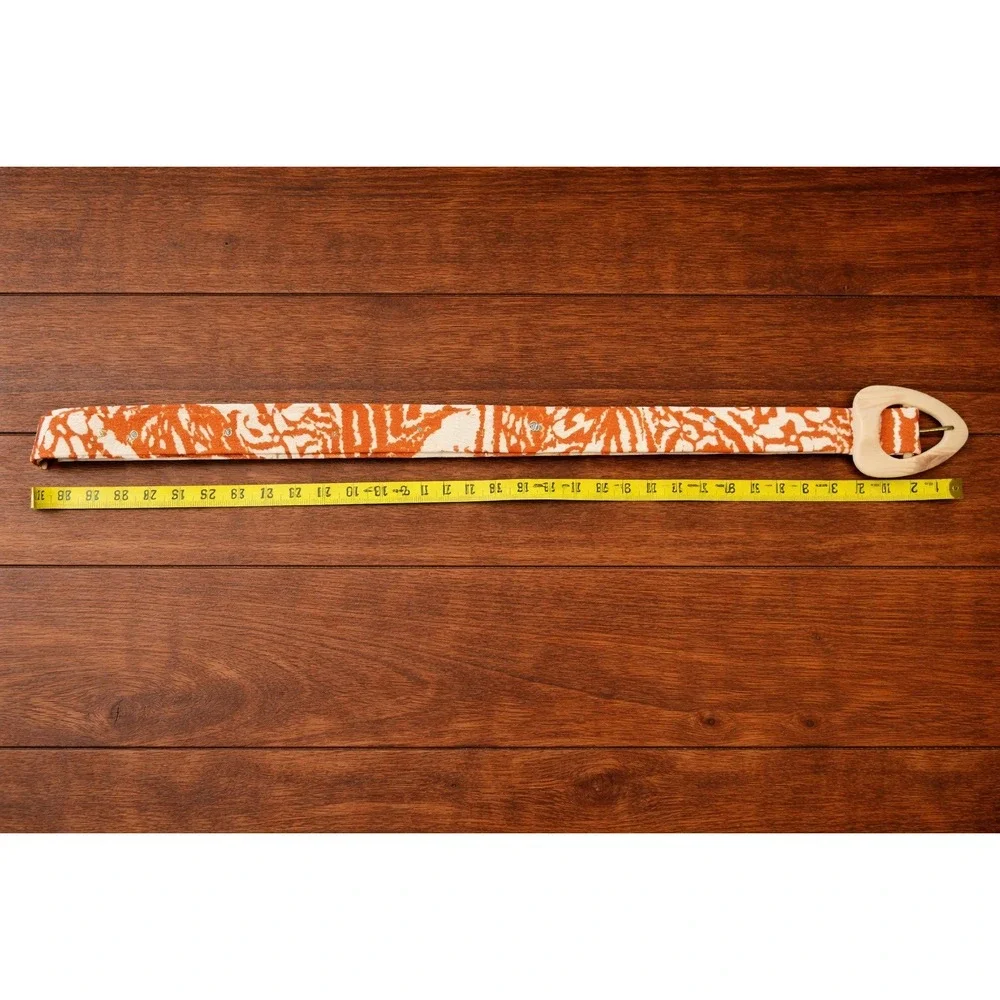 Vintage Abstract Print Fabric Belt Orange Cream ivory buckle Boho 22-28